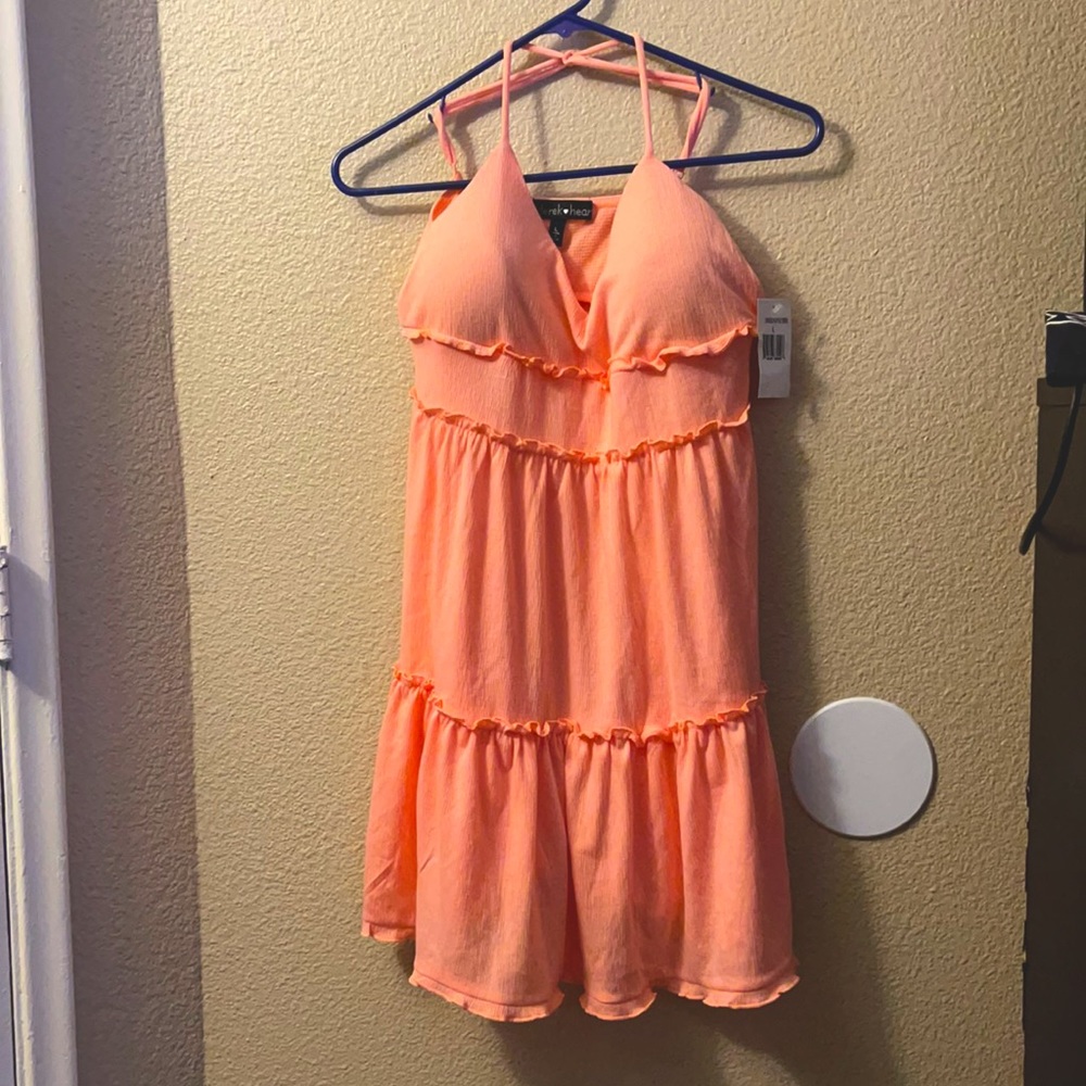 Large Coral Ruffle Dress with back cross (NWT)